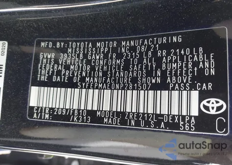 2022 Toyota Corolla Le from USA, damaged, VIN 5YFEPMAE0NP281507